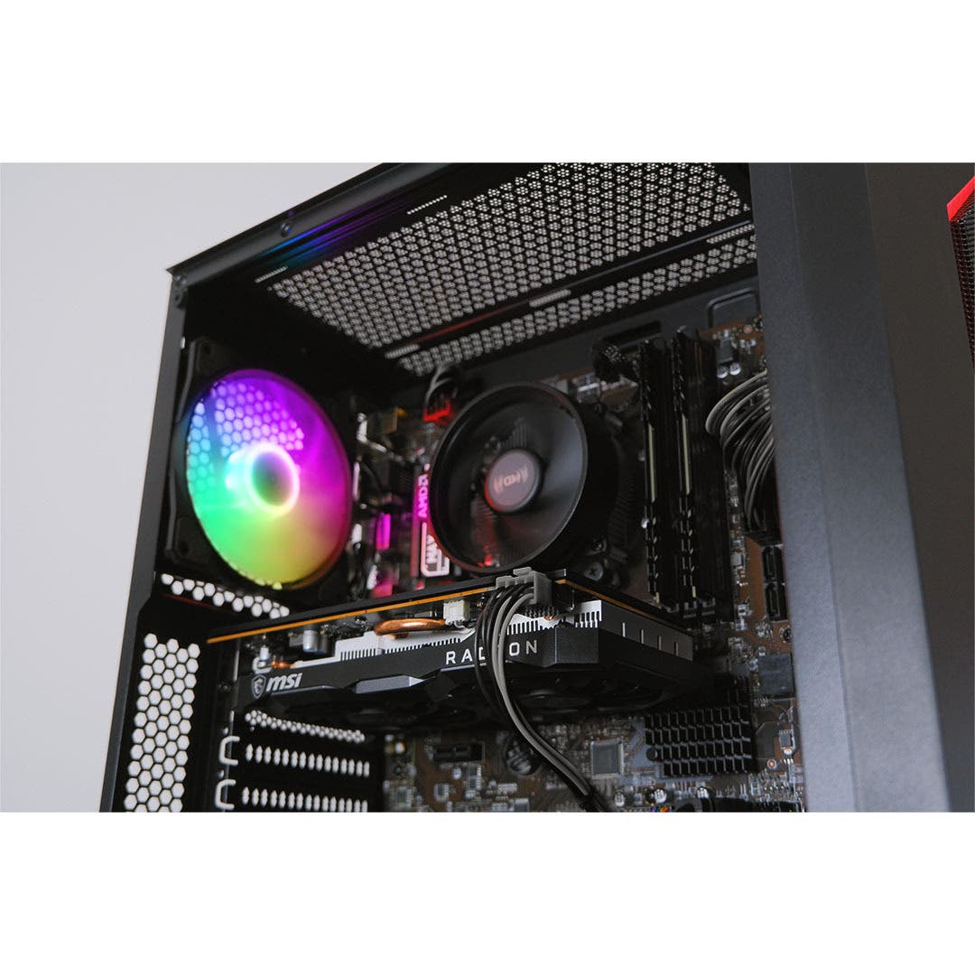 Close up of AWD VAMPIRIC 100R AMD Ryzen 3 4100 Quad Core Radeon RX 6400 4GB Desktop PC for Gaming
