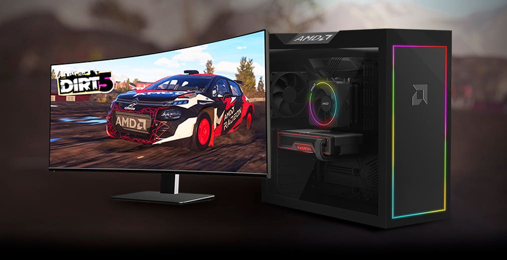 Gaming PC and monitor displaying racing game graphics