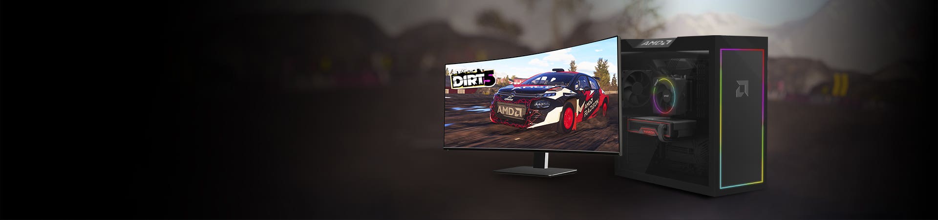 Gaming PC and monitor displaying racing game graphics