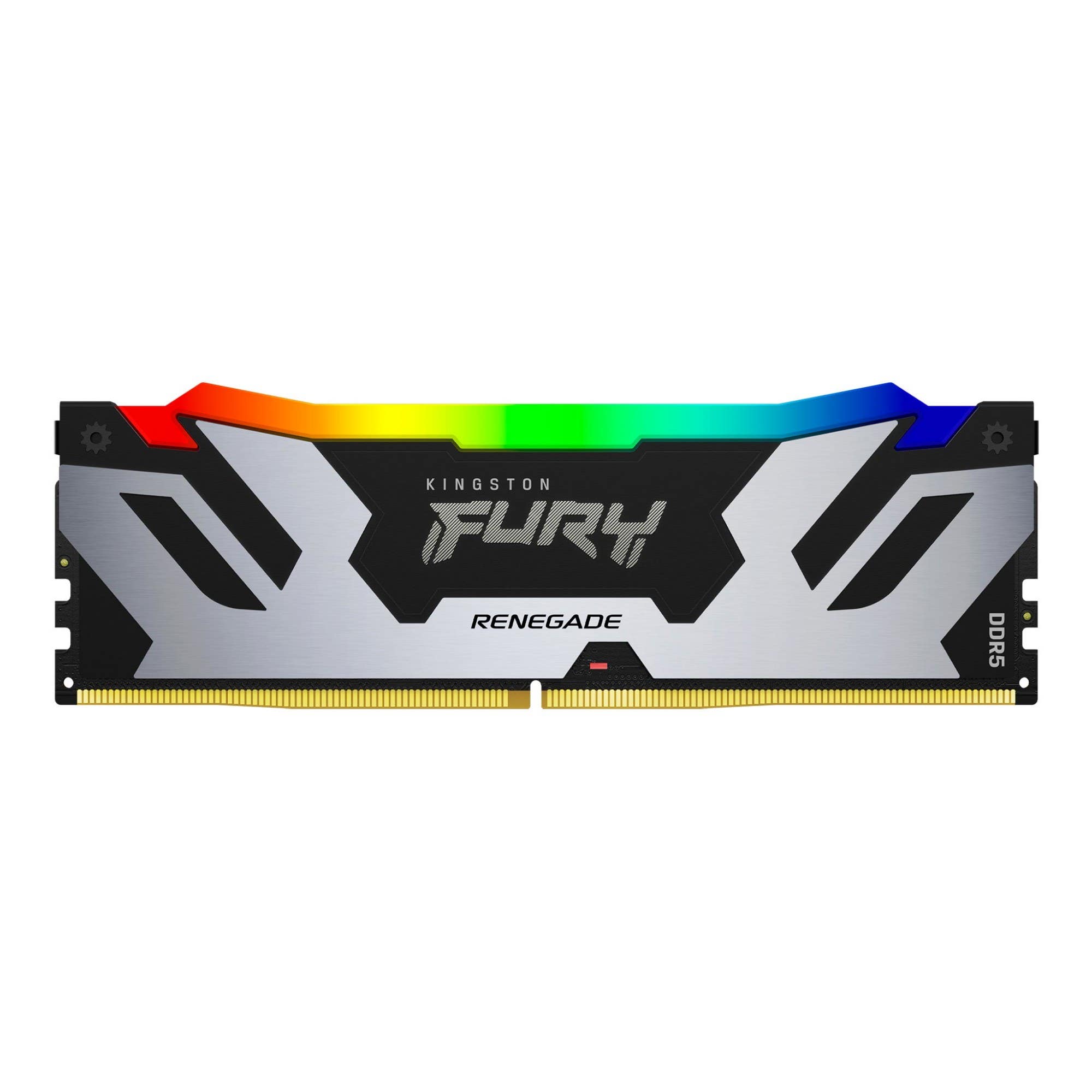 Kingston Fury Renegade RGB- front profile showing the Kingston fury logo- along with the coloured heatsink and the connector 