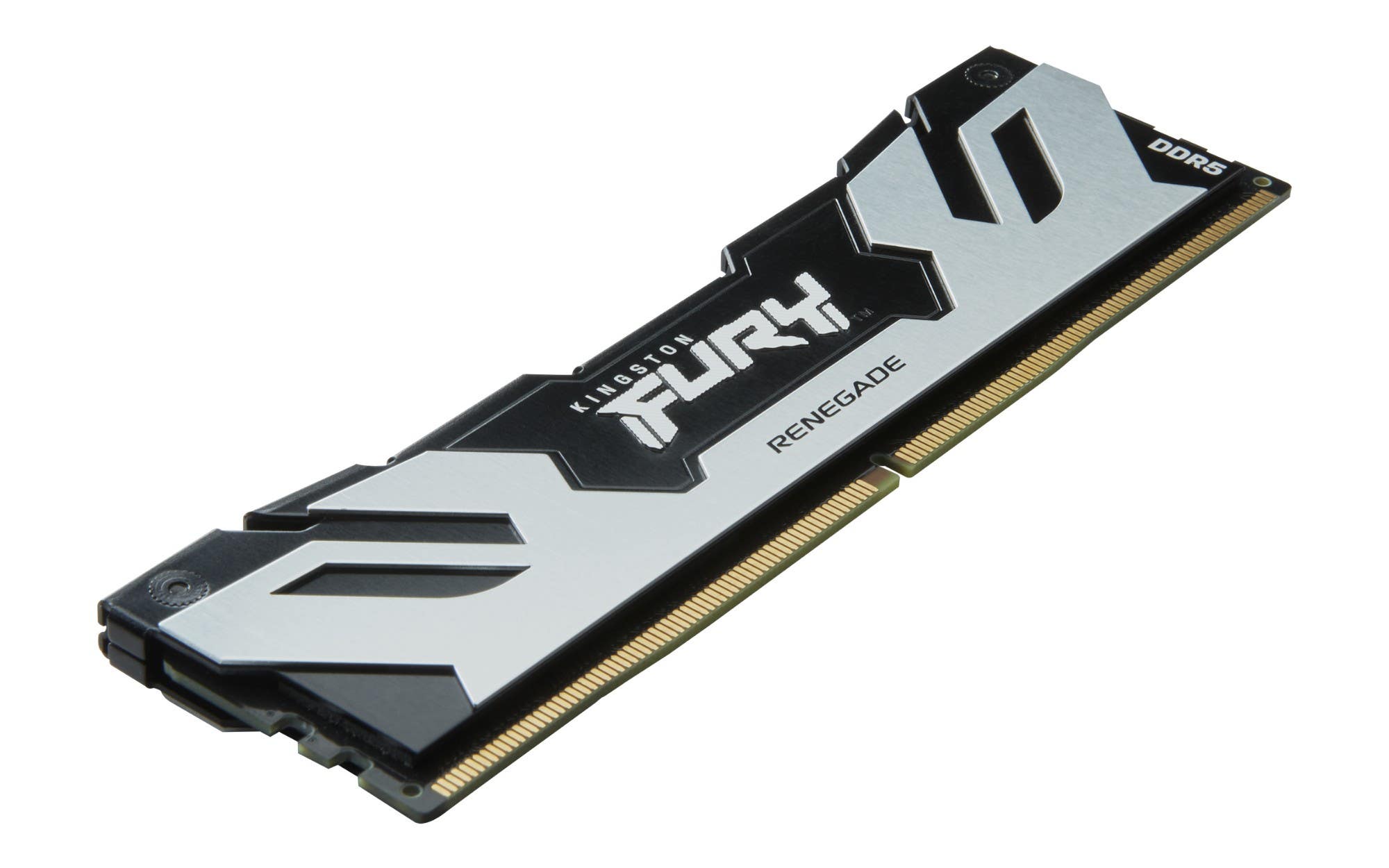 Kingston Fury Renegade- side tilted profile showing the Kingston fury logo along with the black heat sink and connector