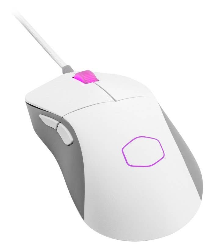 Cooler Master MM730- side profile showing the click buttons and pink scroll wheel with side forward and back buttons 