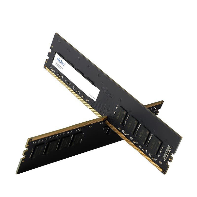 Netac DDR4 Memory- front profile showing the Netac logo- along with the main board, connector and chips on the front and back  