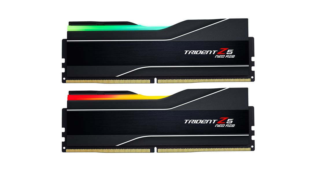 G.Skill Trident Z5 Neo RGB- front tilted showing Trident Z5 logo along with both RAM, heat sink and connector 