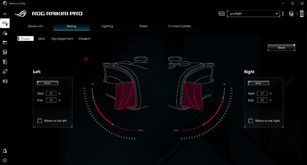 Asus ROG Raikiri Pro Controller power settings close up buttons image